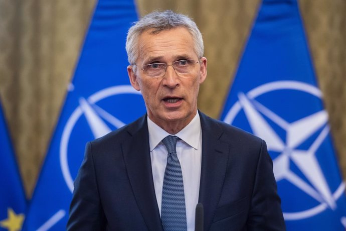 06 June 2023, Slovakia, Bratislava: NATO Secretary General, Jens Stoltenberg and Interim Prime Minister of Slovakia Ludovít Odor (not pictured) hold a joint press conference at the Slovak Government Office. Photo: Jaroslav Novák/TASR/dpa