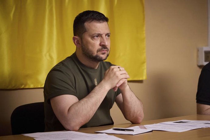 June 8, 2023, Kherson, Kherson Oblast, Ukraine: Ukrainian President Volodymyr Zelenskyy hosts a video conference call with members of the newly formed international Expert Group on Russian ecocide from an undisclosed location, June 8, 2023 in the Mykola