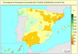 Mapa de lluvias en España desde el 1 de octubre de 2022 hasta el 6 de junio de 2023.