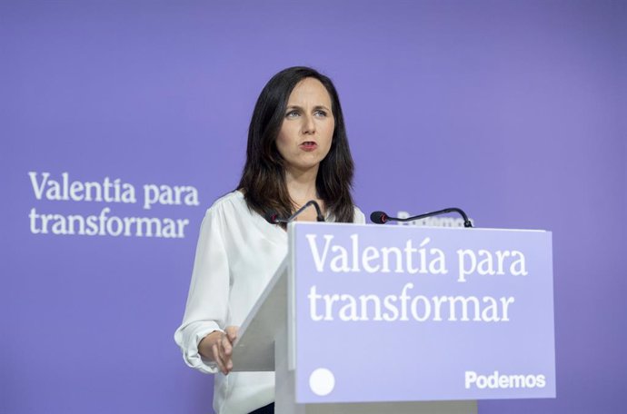 La líder de Podem i ministra de Drets Socials, Ione Belarra, intervé durant una roda de premsa a la seu de Podem, a 29 de maig de 2023, a Madrid (Espanya). 