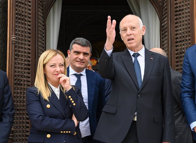 June 6, 2023, Tunis, Tunis, Tunisia: The President of the Republic Kais Saied receives Giorgia Meloni, the Italian Prime Minister at the Palace of Carthage on a short visit to Tunis.photo presidential service.