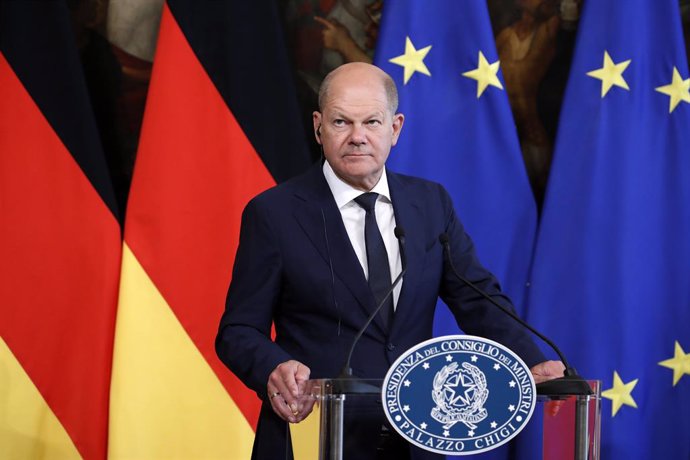 The Chancellor of the Federal Republic of Germany, Olaf Scholz during his speech at Palazzo Chigi. Rome (Italy), June 08th, 2023
