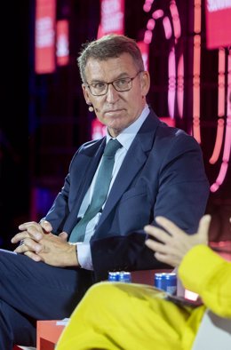 El presidente del Partido Popular, Alberto Núñez Feijóo, interviene durante la segunda jornada de la undécima edición del South Summit Madrid 2023, en La Nave, a 8 de junio de 2023, en Madrid (España). 