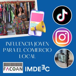 Cartel del proyecto 'Influencia Joven para el comercio local' de la Federación de Autónomos del Comercio de Andalucía, con la colaboración del Instituto de Municipal de Desarrollo Económico y Empleo de Córdoba.