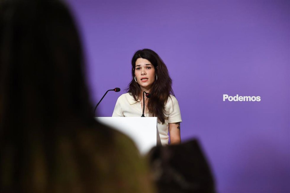 La portavoz de Podemos, Isa Serra, ofrecen una rueda de prensa, en la sede de Podemos, a 5 de junio de 2023, en Madrid (España).