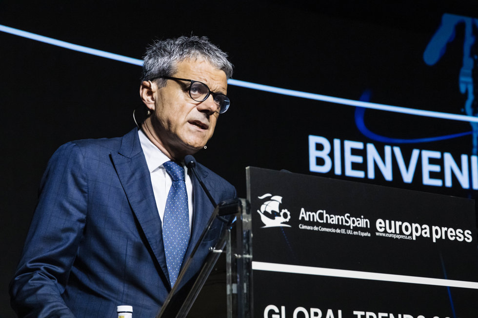 El presidente de la Cámara de Comercio de EE.UU. (AmChamSpain), Jaime Malet, interviene durante el encuentro de Europa Press, Global Trends 2023.
