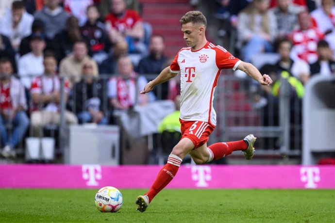 FILED - 20 May 2023, Bavaria, Munich: Munich's Joshua Kimmich in action. Bayern Munich midfielder Joshua Kimmich has reacted relaxed to speculation that Barcelona are after him and is not making too much of it. Photo: Tom Weller/dpa