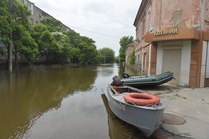 KHERSON, June 12, 2023  -- This photo taken on June 10, 2023 shows a flooded area in the Kherson region. The Kakhovka hydroelectric power plant was destroyed on Tuesday, causing a decrease of the dam water level and massive flooding in nearby areas.