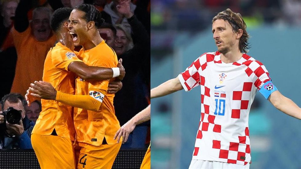 El neerlandés Virgil van Dijk celebra un gol y el croata Luka Modric se lamenta.