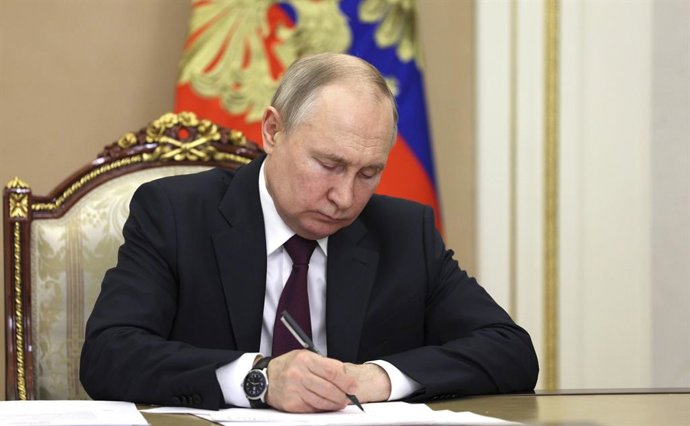 May 31, 2023, Moscow, Moscow Oblast, Russia: Russian President Vladimir Putin hosts a video conference meeting with his federal cabinet ministers from the Kremlin, May 31, 2023 in Moscow, Russia.