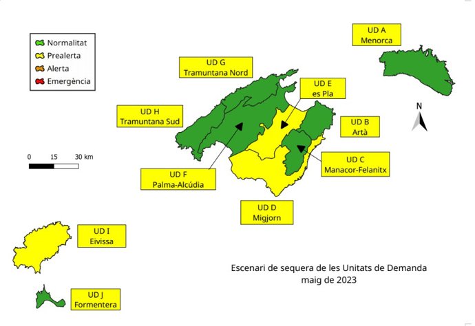 Escenario de sequía de las Unidades de Demanda (UD) en mayo de 2023 en Baleares.