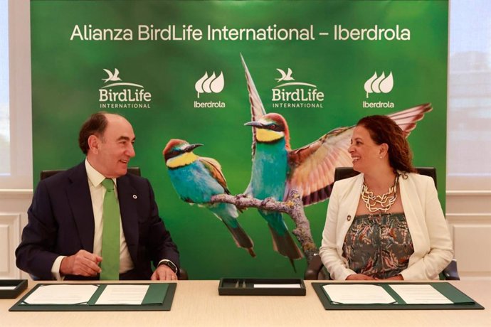 El presidente de Iberdrola, Ignacio Galán, y la directora ejecutiva de BirdLife International, Patricia Zurita, acuerdan impulsar un desarrollo renovable que favorezca la biodiversidad y la lucha contra el cambio climático.