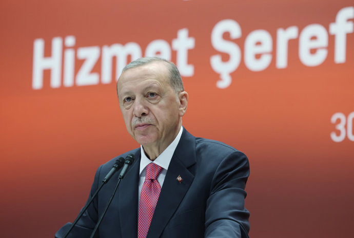 HANDOUT - 30 May 2023, Turkey, Ankara: Turkish President Recep Tayyip Erdogan delivers a speech during the 79th General Assembly of the Union of Chambers and Commodity Exchanges of Turkey (TOBB). Photo: -/Turkish Presidency/dpa - ATTENTION: editorial us