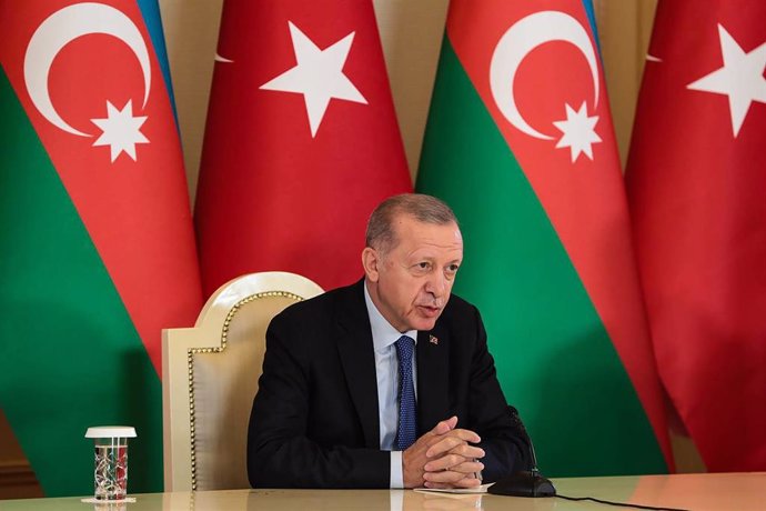 HANDOUT - 13 June 2023, Azerbaijan, Baku: Turkey's President Recep Tayyip Erdogan attends a joint press conference with Azerbaijani President Ilhan Aliyev, following their meeting in Baku. Photo: -/Azerbaijani Presidency/dpa - ATTENTION: editorial use o