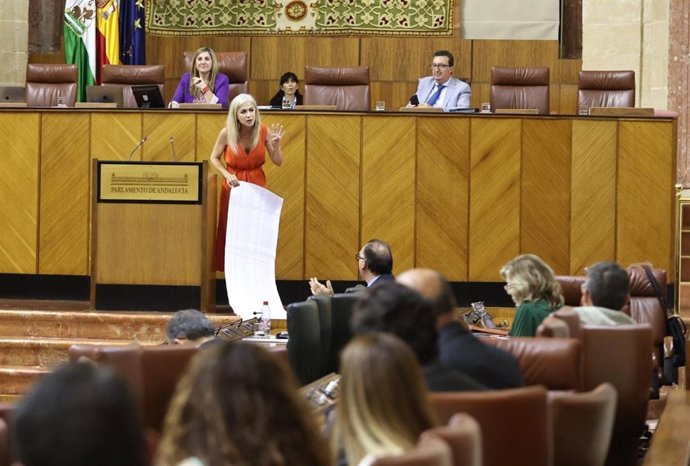 La consejera de Desarrollo Educativo y Formación Profesional, Patricia del Pozo, en el Pleno del Parlamento para informar sobre la oferta de Formación Profesional en Andalucía.