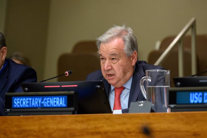 UNITED NATIONS, June 5, 2023  -- UN Secretary-General Antonio Guterres speaks at the launch of three policy briefs under Our Common Agenda at the UN headquarters in New York, on June 5, 2023. Guterres on Monday called for structural reforms of the interna