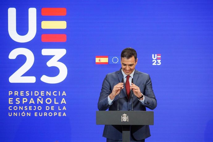 El presidente del Gobierno, Pedro Sánchez, presenta las prioridades de la Presidencia española del Consejo de la UE, en el Palacio de la Moncloa, a 15 de junio de 2023, en Madrid (España).