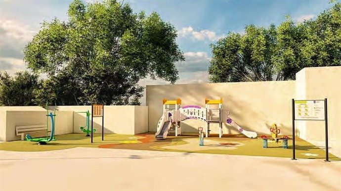 Maqueta del proyecto de la nueva zona con juegos infantiles y biosaludables frente al casal de barrio de Can Alonso.