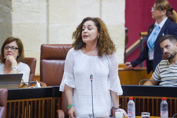 La portavoz del Grupo Por Andalucía, Inmaculada Nieto, realiza pregunta de control al presidente de la Junta de Andalucía, Juanma Moreno, durante la segunda jornada del Pleno del Parlamento andaluz en el Parlamento de Andalucía. 