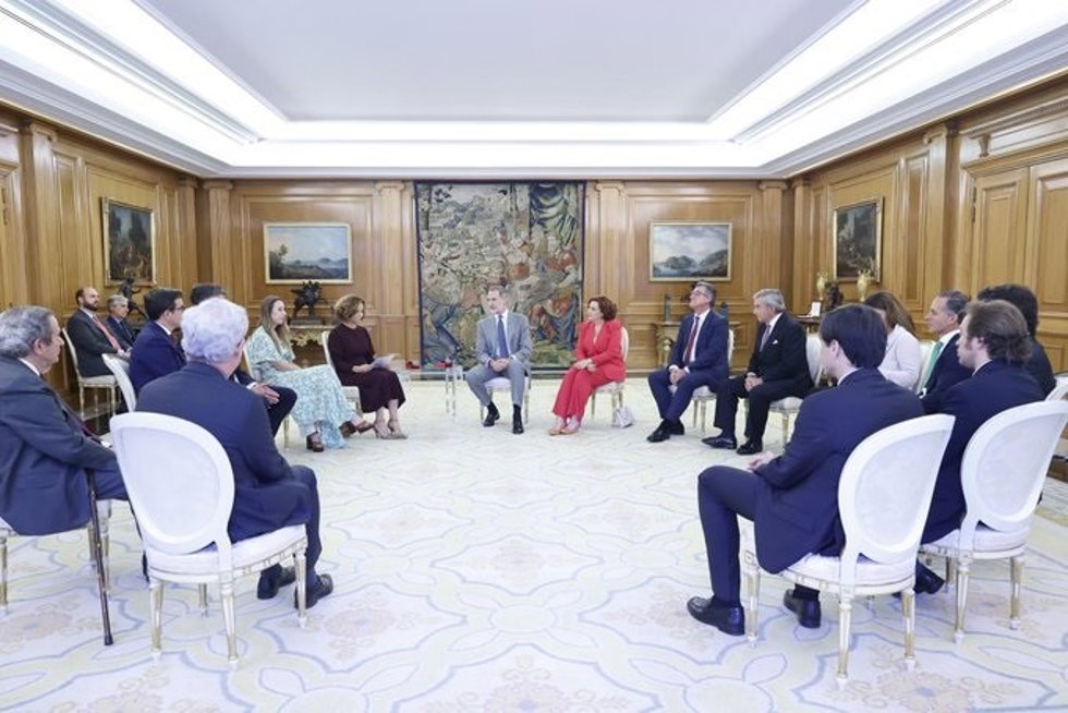 El Rey Felipe recibiendo al jurado de la plataforma Juntos Sumamos y a Cristina Cuentas, galardonada con el Premio 15 de Junio