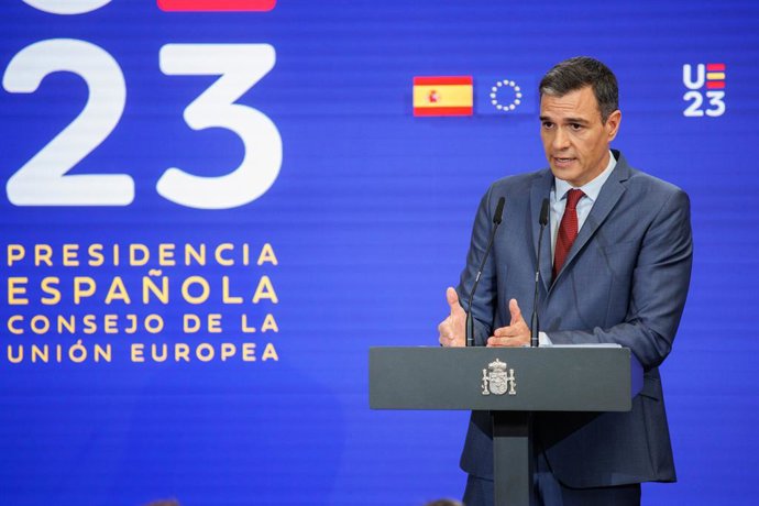 El president del Govern, Pedro Sánchez, presenta les prioritats de la Presidncia espanyola del Consell de la UE, en el Palau de la Moncloa, a 15 de juny de 2023, a Madrid (Espanya). Durant la presentació, Sánchez ha enumerat els quatre grans 