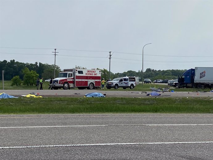 June 15, 2023, Carberry, MB, CANADA: EDS NOTE: GRAPHIC CONTENT -- The scene of a crash that has closed a section of the Trans-Canada Highway near Carberry, Manitoba is shown on Thursday June 15, 2023. A government source says at least 10 people are dead