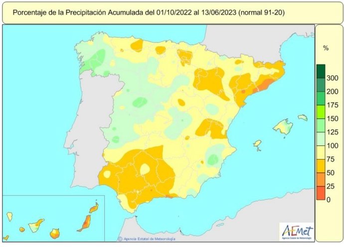 Mapa de lluvias acumuladas en España del 1 de octubre de 2022 al 13 de junio de 2023. El déficit de precipitaciones es del 16%.