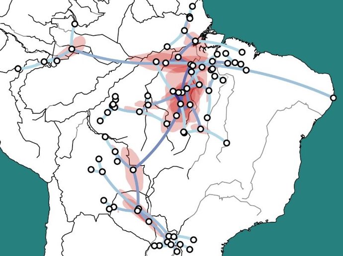 Modelo de relaciones geográficas y parentesco de la familia lingüística tupí-guaraní: las líneas celestes indican parentesco; un color más oscuro indica migración/separación anterior. Las áreas con un 80% de probabilidad de separación de idiomas, en roj