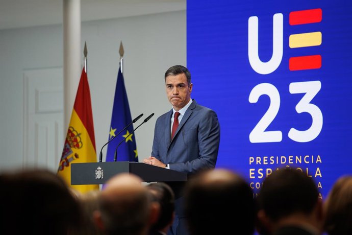 El presidente del Gobierno, Pedro Sánchez, durante la presentación de las prioridades de la Presidencia española del Consejo de la UE, en el Palacio de la Moncloa, a 15 de junio de 2023, en Madrid (España). Durante la presentación, Sánchez ha enumerado 
