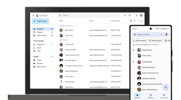 Aplicación Contactos de Google para web y móvil