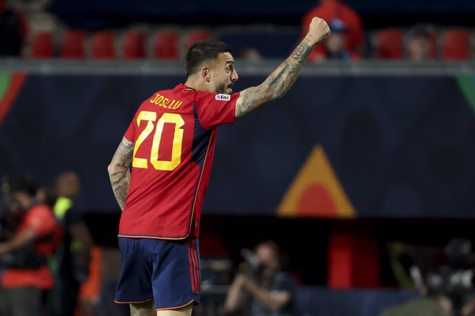 Joselu of Spain celebrates his goal during the UEFA Nations League Semi-final football match between Spain and Italy on June 15, 2023 at De Grolsch Veste, FC Twente stadium in Enschede, Netherlands - Photo Jean Catuffe / DPPI