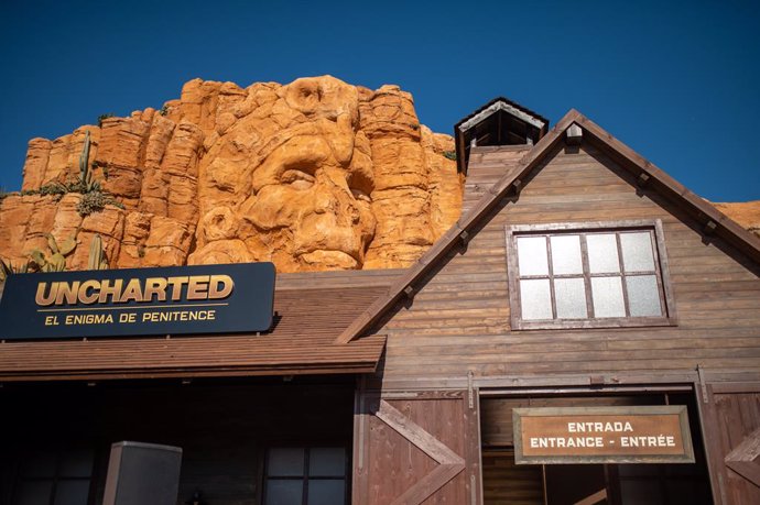 Fachada de la nueva atracción 'Uncharted' de PortAventura World 2023, a 16 de junio de 2023, en Salou, Tarragona, Cataluña (España)