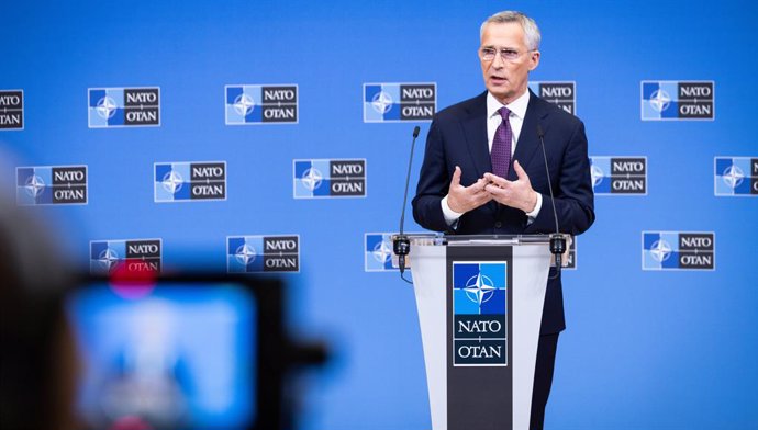HANDOUT - 14 June 2023, Belgium, Brussels: NATO Secretary General Jens Stoltenberg speaks during a press conference ahead the NATO Defence Ministers meetings. Photo: -/NATO/dpa - ATTENTION: editorial use only and only if the credit mentioned above is re
