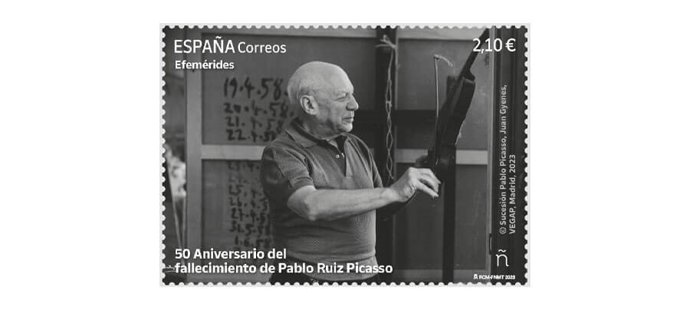 La imagen que reproduce el sello está tomada en Cannes el 16 de junio de 1958  por el hispano-húngaro Juan Gyenes en la que era su segunda visita al pintor