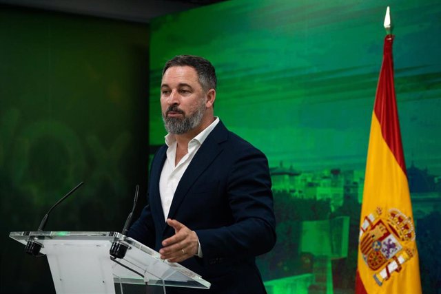 El líder de VOX, Santiago Abascal, durante una rueda de prensa en la sede de su partido, a 5 de junio de 2023, en Madrid (España). 