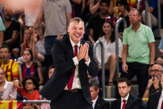 Sarunas Jasikevicius, Head coach of FC Barcelona gestures during the ACB Liga Endesa Finals Playoff Game 1 match between FC Barcelona and Real Madrid at Palau Blaugrana on June 16, 2023 in Barcelona, Spain.