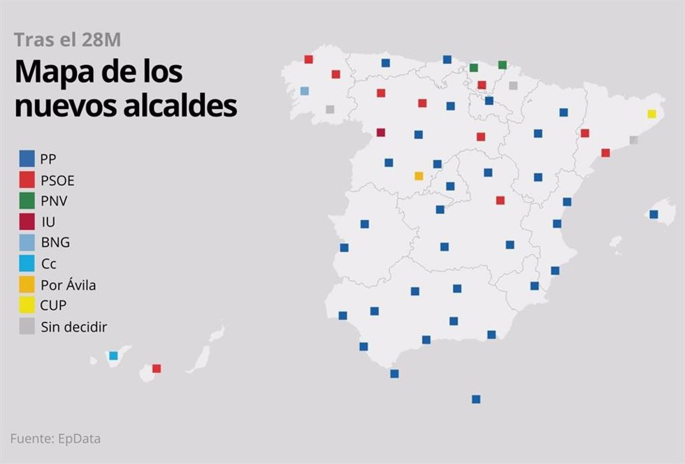 Mapa de nuevos alcaldes tras el 28M