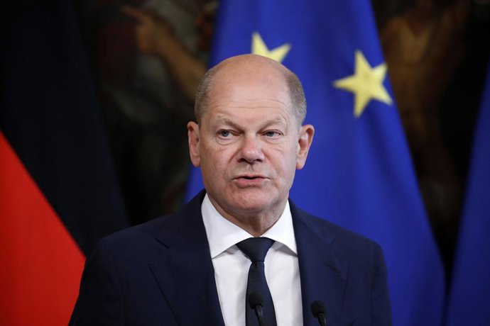 The Chancellor of the Federal Republic of Germany, Olaf Scholz during his speech at Palazzo Chigi. Rome (Italy), June 08th, 2023