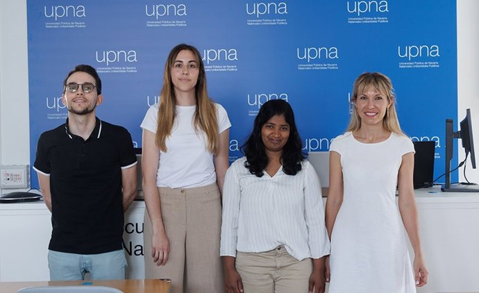 Alumnado participante en la fase local del certamen en la UPNA. De izda. A dcha., Imanol Picallo, Beatriz Aguinaga, Mahima Kallingal y Oxana Plugina.