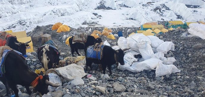 Recollida d'escombraries en el campament basi de la muntanya Everest