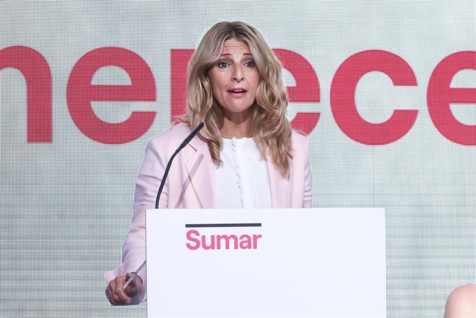 La vicepresidenta segunda del Gobierno y ministra de Trabajo y Economía Social, y fundadora de Sumar, Yolanda Díaz; interviene durante un acto político La España que merecemos con motivo de las próximas elecciones generales del 23, en Espacio Rastro, 