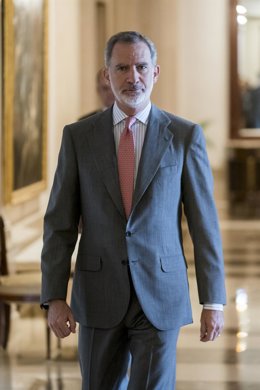 El Rey Felipe VI a su llegada pare recibir en audiencia a la Red para el Estudio de las Monarquías Contemporáneas (REMCO), en el Palacio de la Zarzuela, a 9 de junio de 2023, en Madrid (España). El REMCO impulsa la realización de estudios y encuentros s