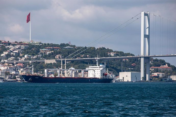 Archivo - August 3, 2022, Istanbul, Turkey: Sierra Leone-flagged dry cargo ship Razoni, carrying a cargo of 26,527 tons of corn, leaves Istanbul, Turkiye and passes along the surroundings of July 15 Martyrs Bridge to reach Lebanon after inspections are 