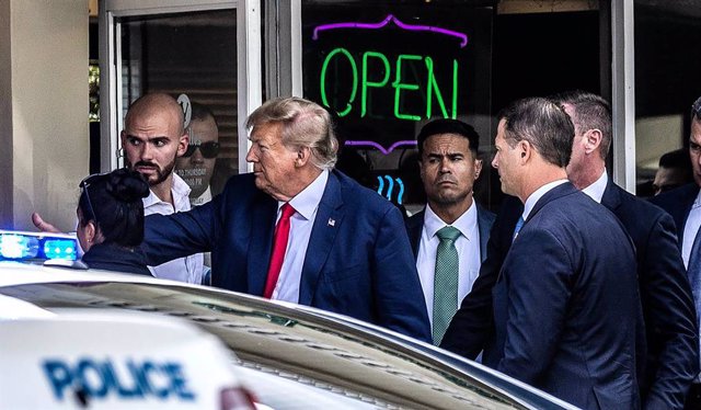 June 16, 2023: Former President Donald Trump greets supporters at Versailles Restaurant and Bakery in Little Havana after his appearance at the Miami federal courthouse, on Tuesday, June 13, 2023.