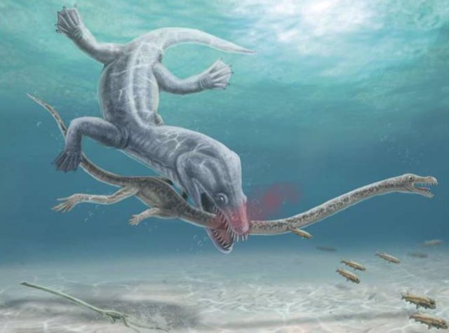 Artist's rendering of the decapitation scene of Tanystropheus hydroides.