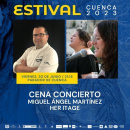 Cartel de la actividad que realizarán el dúo conquense Her Itage y el chef Miguel Ángel Martínez en Estival Cuenca 2023