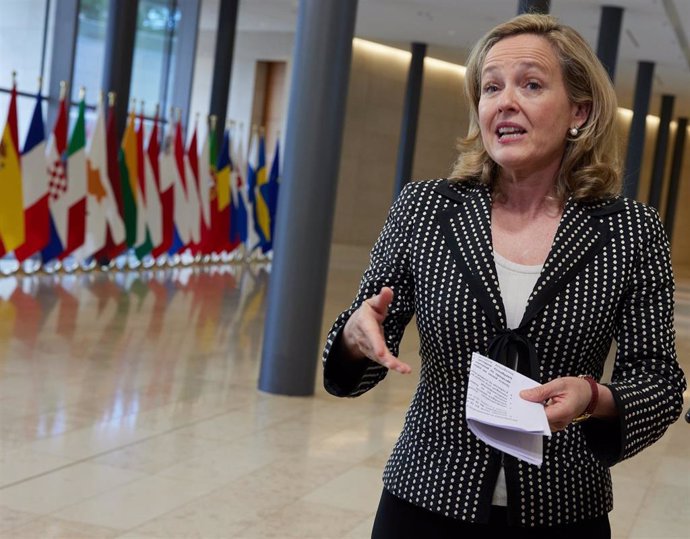 Spains Vice-Prime Minister and Minister for Finance Nadia Calviño pictured prior to the start of the Eurogroup meeting talking to Spanish press the Eurogroup informal meeting of the Finance and Economy Ministers, at the European Conference Center in Lu