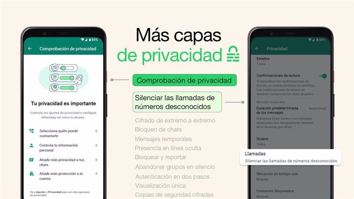 WhatsApp implementa dos nuevas funciones de seguridad con la opción de silenciar llamadas y la comprobación rápida de privacidad.
