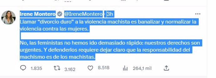 Tuit de Irene Montero.