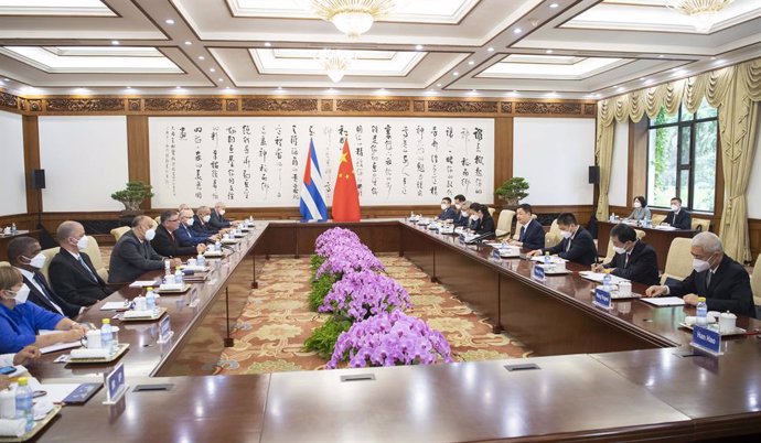 BEIJING, May 20, 2023  -- Chinese Minister of Public Security Wang Xiaohong, also a member of the Secretariat of the Communist Party of China Central Committee, meets with Cuban Minister of Interior Lazaro Alberto Alvarez Casas, also a member of the Pol